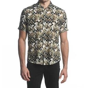 NEW POSTMARC squiggles linen short sleeve shirt in spruce/ black